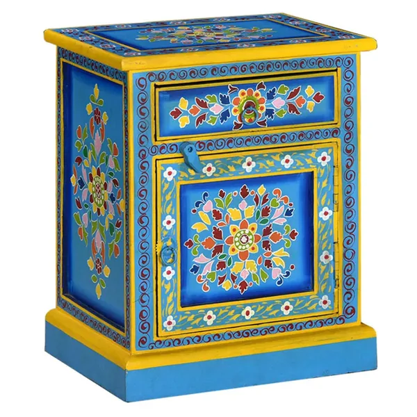 Table de chevet Bois de manguier Turquoise Peinture à la main
