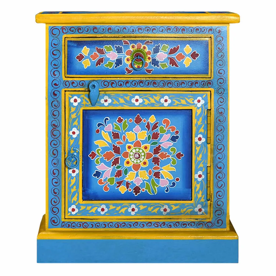 Table de chevet Bois de manguier Turquoise Peinture à la main - 3