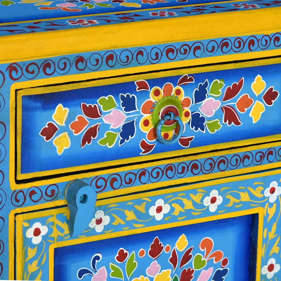 Table de chevet Bois de manguier Turquoise Peinture à la main - 5