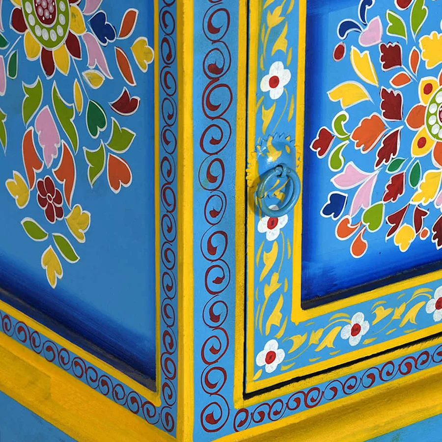 Table de chevet Bois de manguier Turquoise Peinture à la main - 6