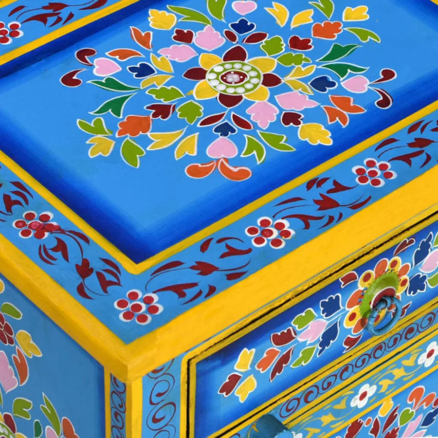 Table de chevet Bois de manguier Turquoise Peinture à la main - 8