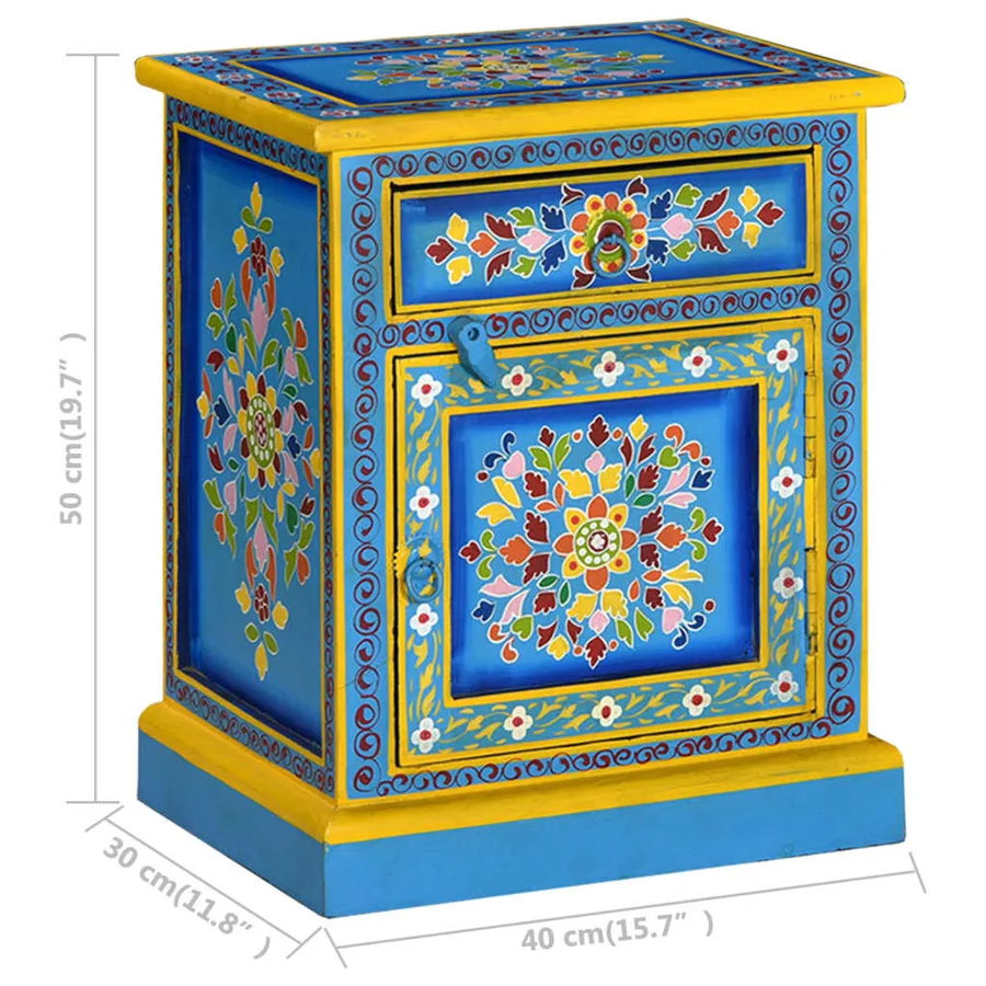 Table de chevet Bois de manguier Turquoise Peinture à la main - 9