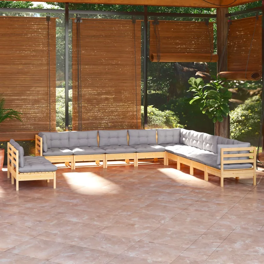 Salon de jardin 11 pcs avec coussins gris Bois de pin solide