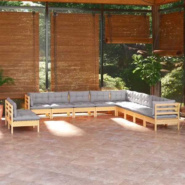 Salon de jardin 11 pcs avec coussins gris Bois de pin solide
