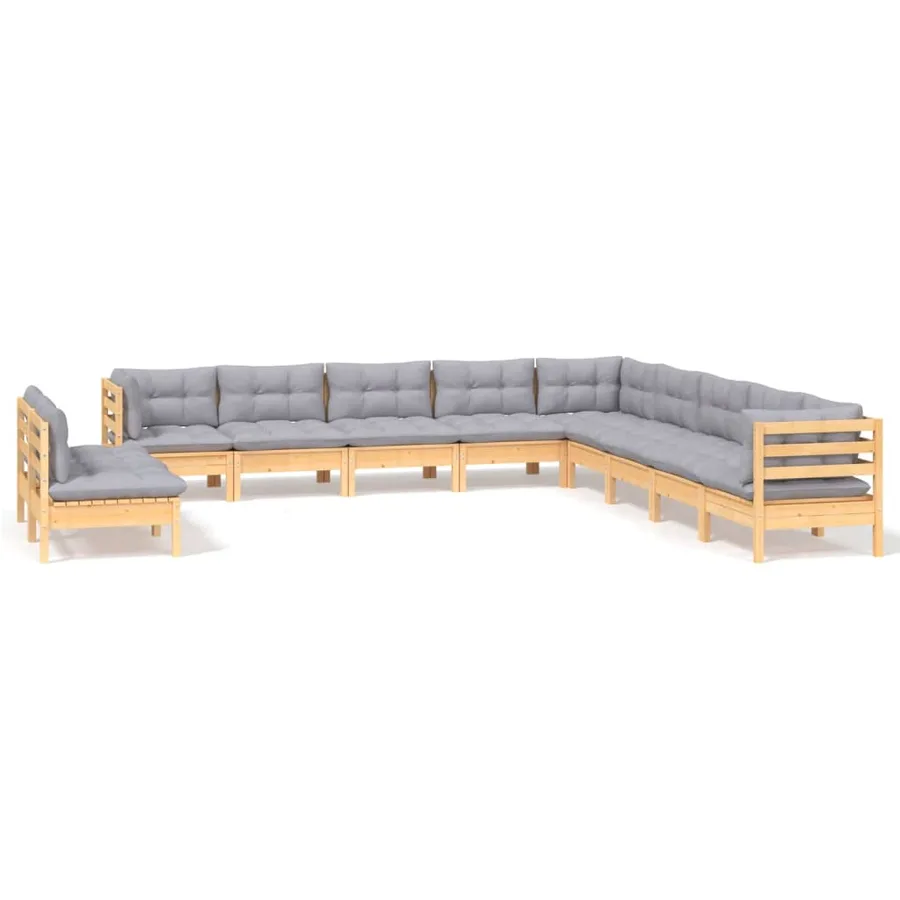 Salon de jardin 11 pcs avec coussins gris Bois de pin solide - 2