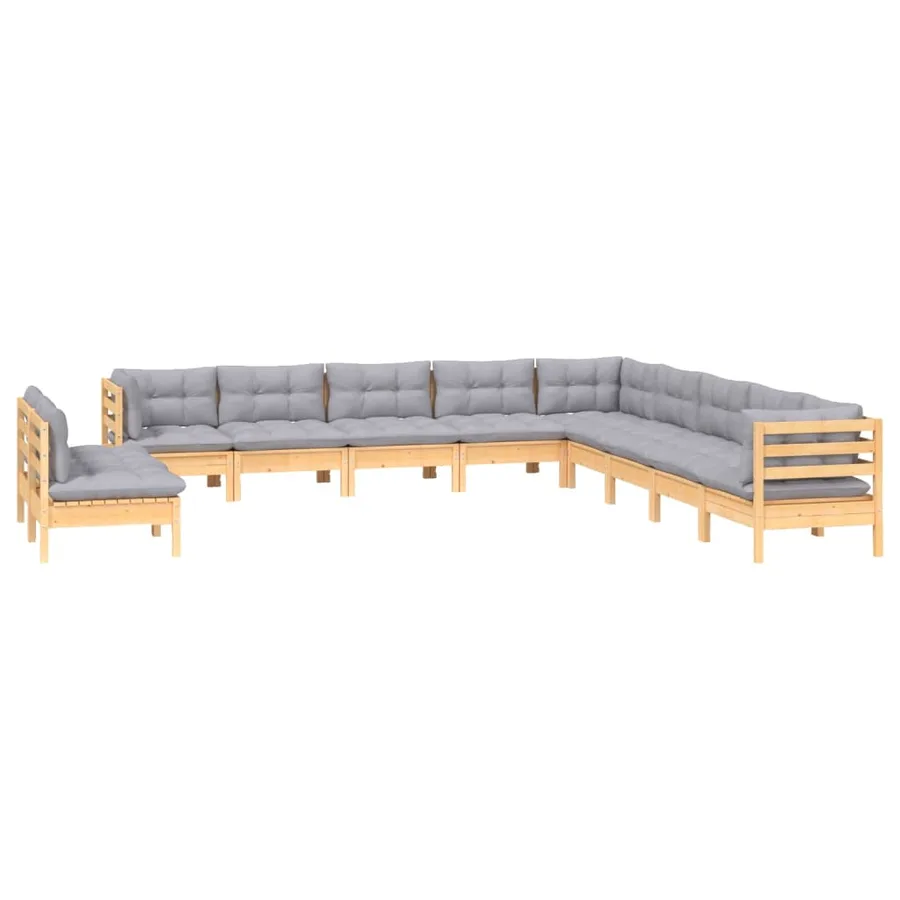 Salon de jardin 11 pcs avec coussins gris Bois de pin solide - 3