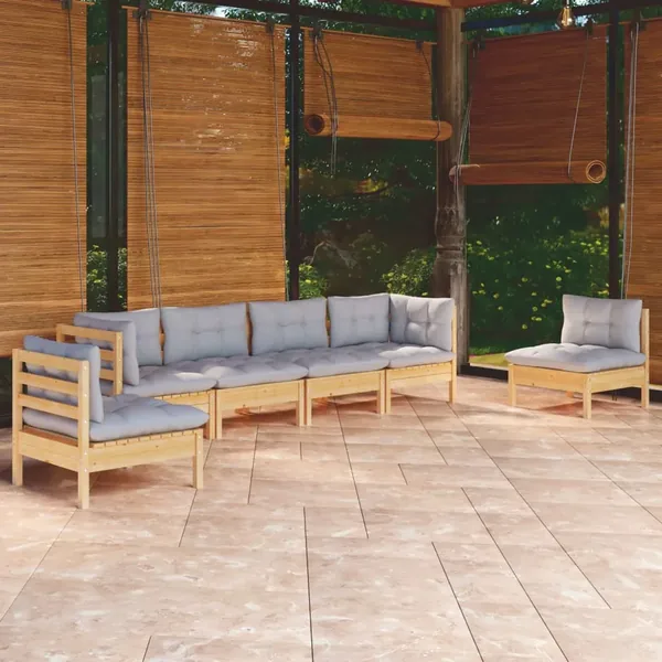 Salon de jardin 6 pcs avec coussins gris Bois de pin massif