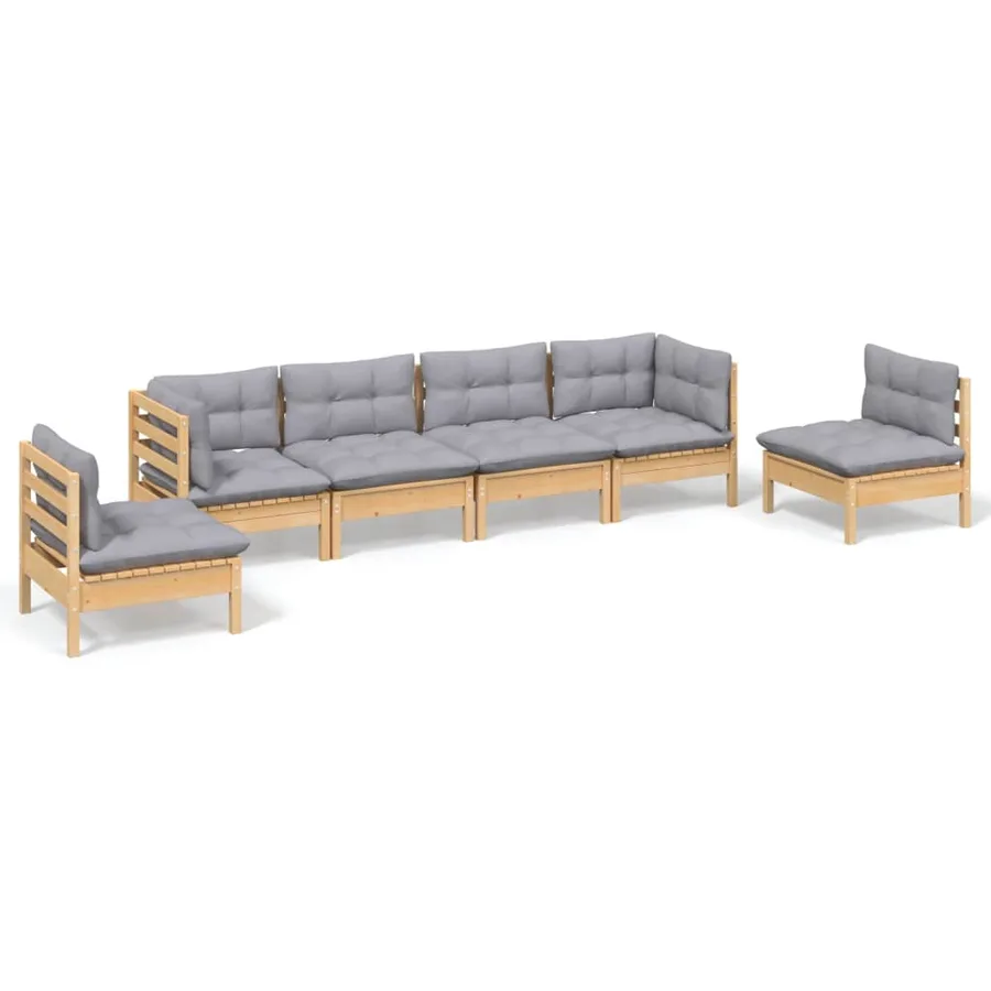 Salon de jardin 6 pcs avec coussins gris Bois de pin massif - 2