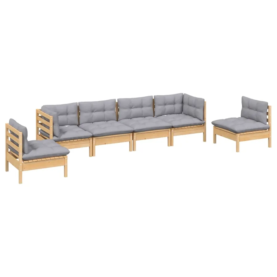 Salon de jardin 6 pcs avec coussins gris Bois de pin massif - 3