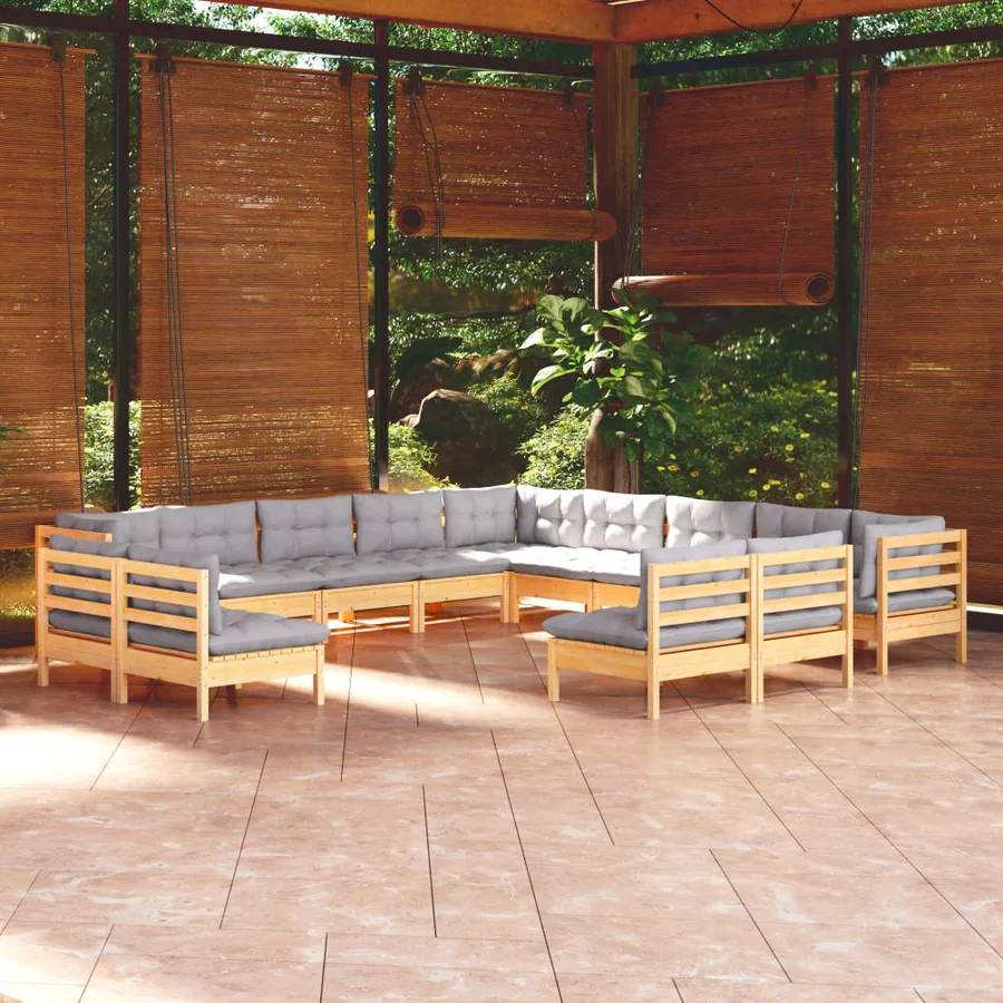 Salon de jardin 13 pcs avec coussins gris bois de pin massif