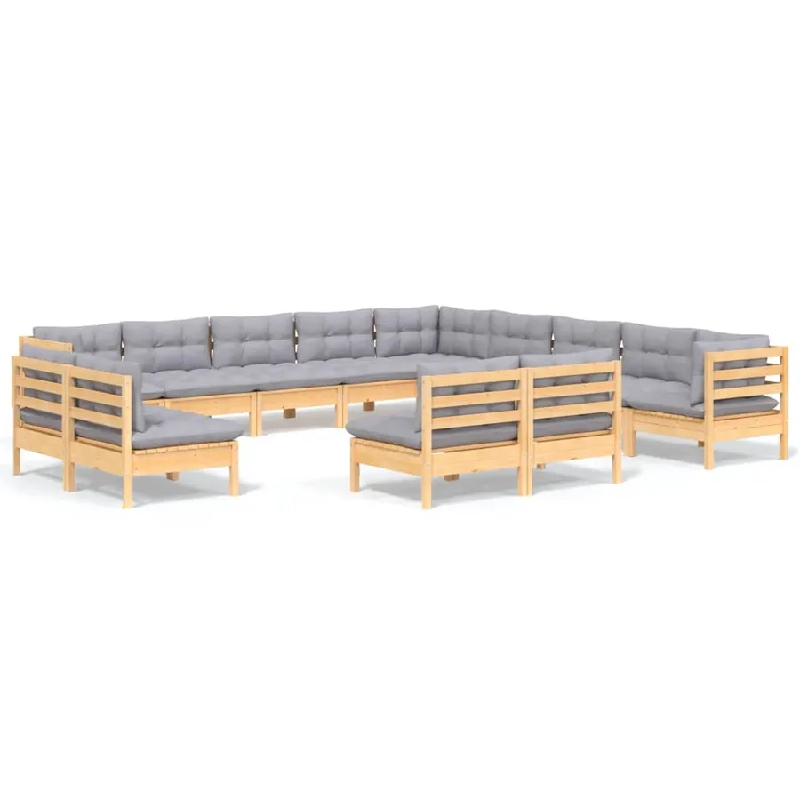 Salon de jardin 13 pcs avec coussins gris bois de pin massif - 2
