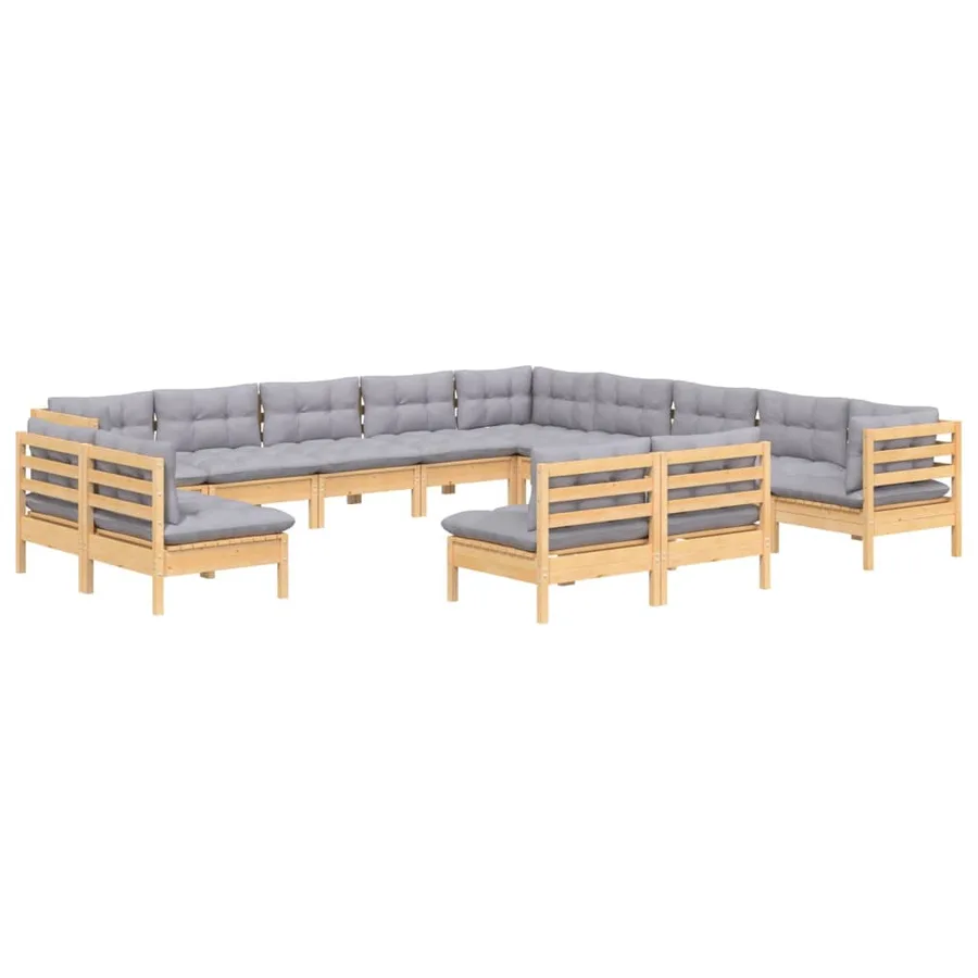 Salon de jardin 13 pcs avec coussins gris bois de pin massif - 3