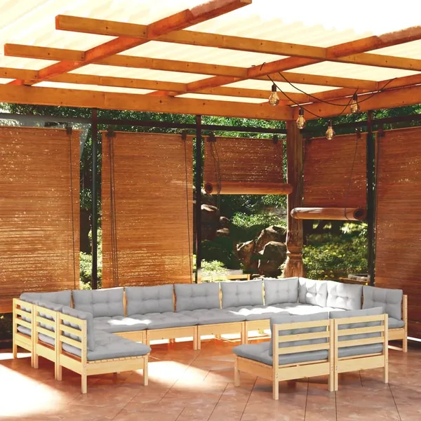 Salon de jardin 12 pcs avec coussins gris Bois de pin massif