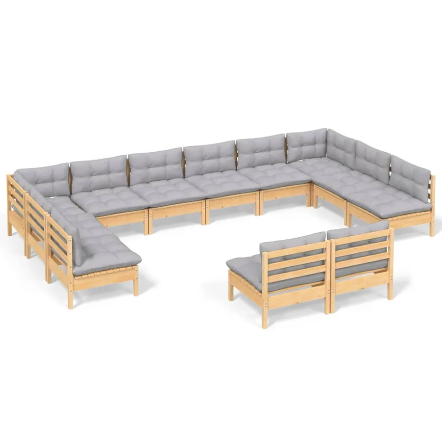 Salon de jardin 12 pcs avec coussins gris Bois de pin massif - 2