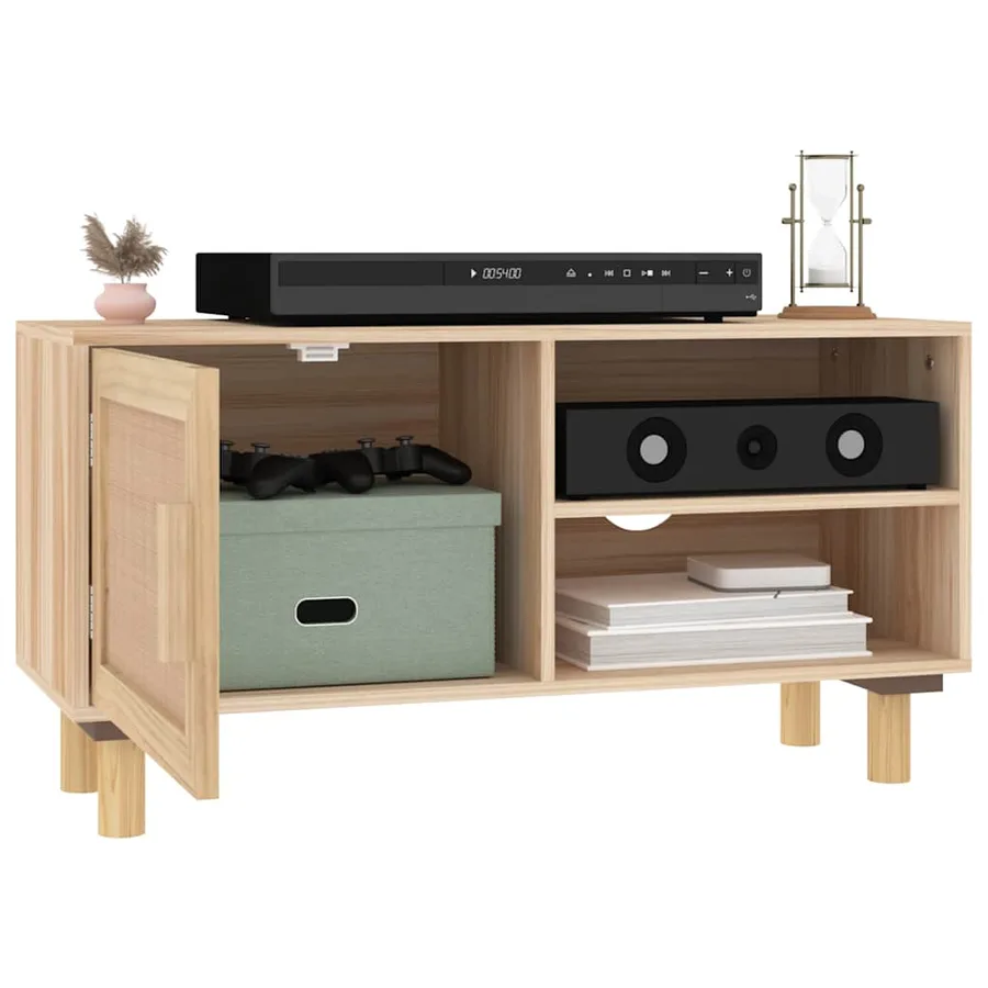 Meuble TV Marron 80x30x40cm Bois de pin massif et rotin naturel - 3