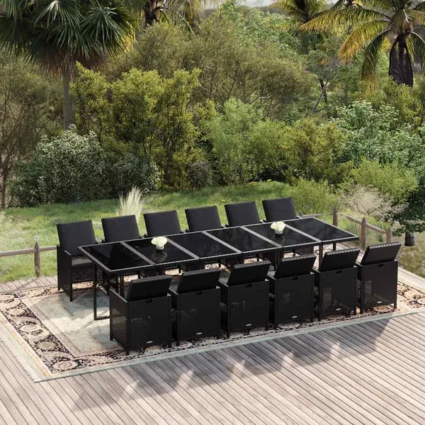 Ensemble à manger de jardin coussins 13 pcs Résine tressée Noir