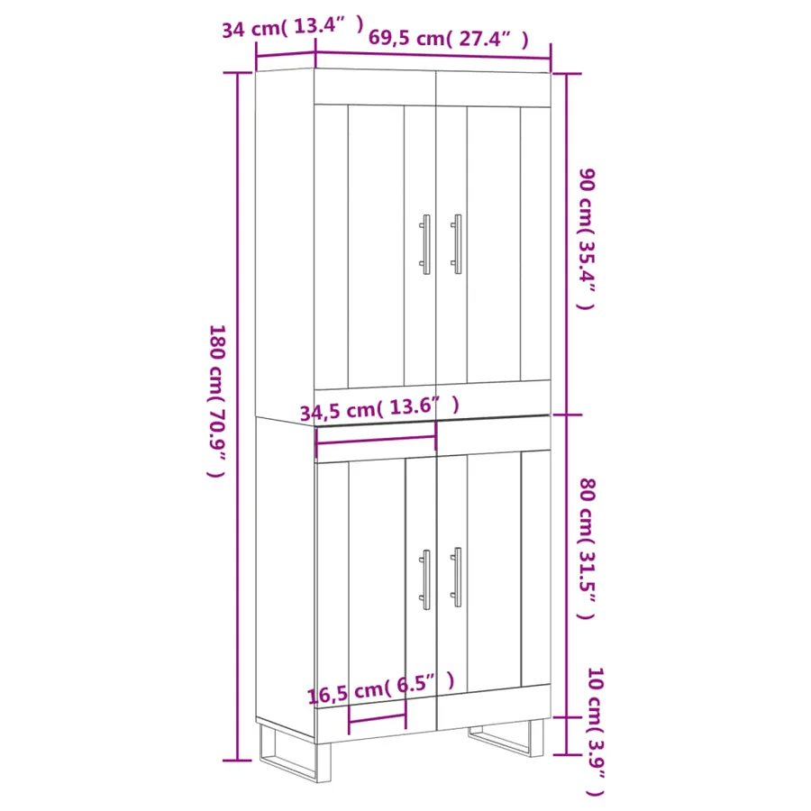 Buffet haut Sonoma gris 69,5x34x180 cm Bois d'ingénierie - 13