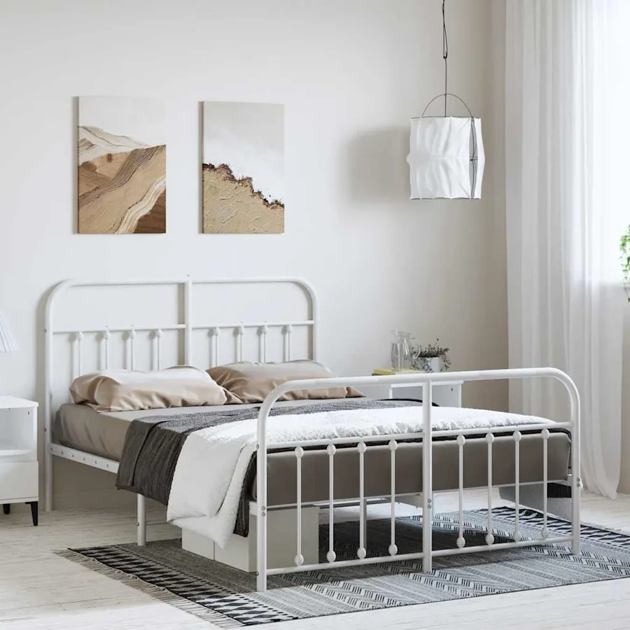 Cadre de lit métal sans matelas et pied de lit blanc 135x190 cm
