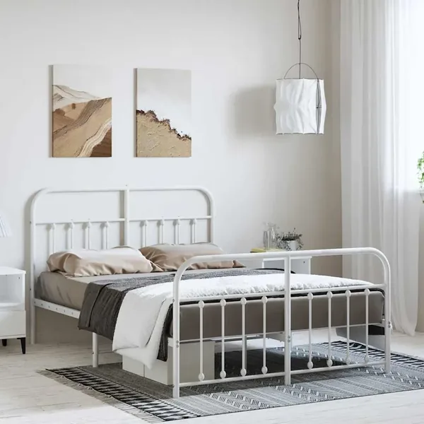 Cadre de lit métal sans matelas et pied de lit blanc 135x190 cm