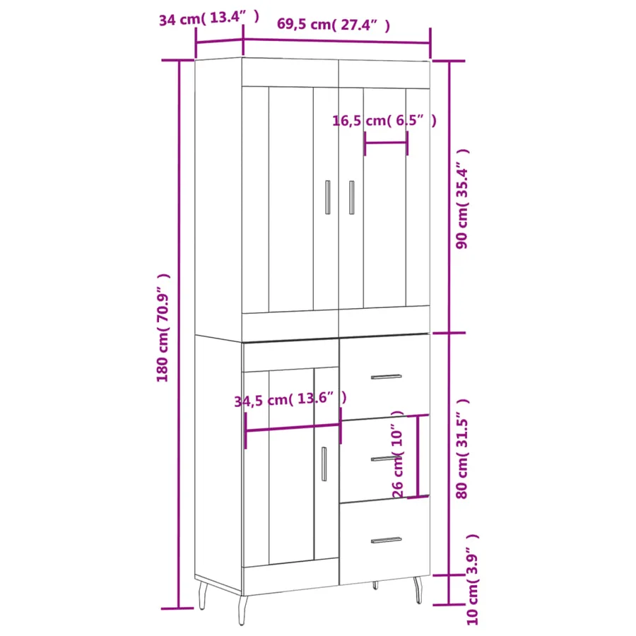 Buffet haut Blanc 69,5x34x180 cm Bois d'ingénierie - 14
