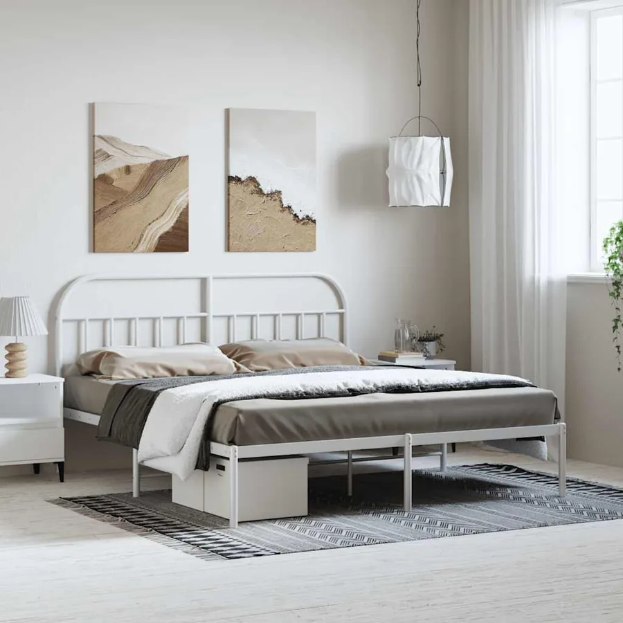 Cadre de lit métal sans matelas et tête de lit blanc 183x213 cm