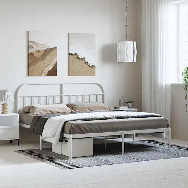 Cadre de lit métal sans matelas et tête de lit blanc 183x213 cm