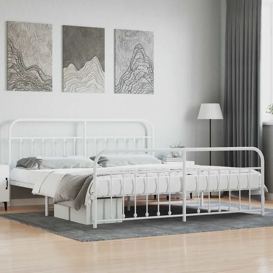Cadre de lit métal sans matelas et pied de lit blanc 200x200 cm