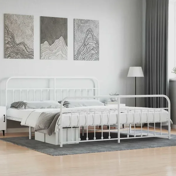 Cadre de lit métal sans matelas et pied de lit blanc 200x200 cm