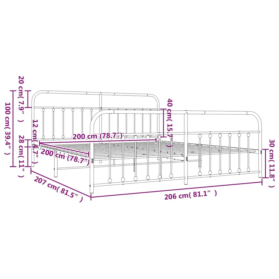 Cadre de lit métal sans matelas et pied de lit blanc 200x200 cm - 10