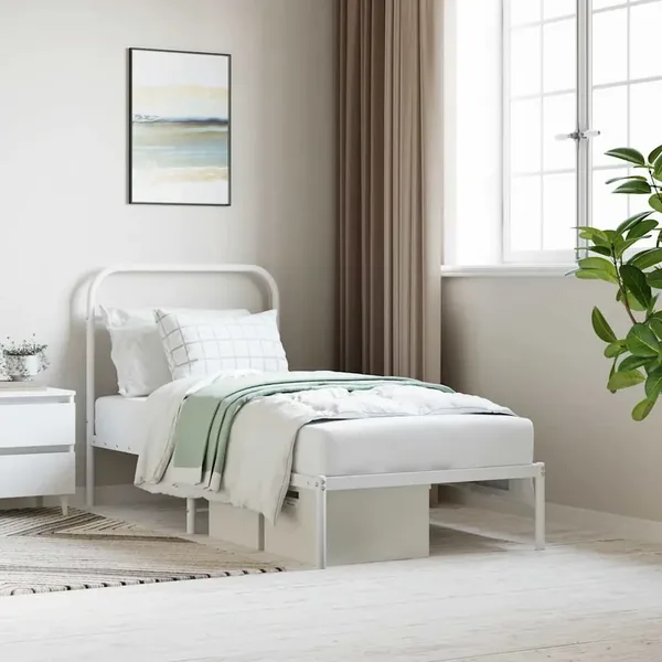 Cadre de lit métal sans matelas avec tête de lit blanc 90x190cm
