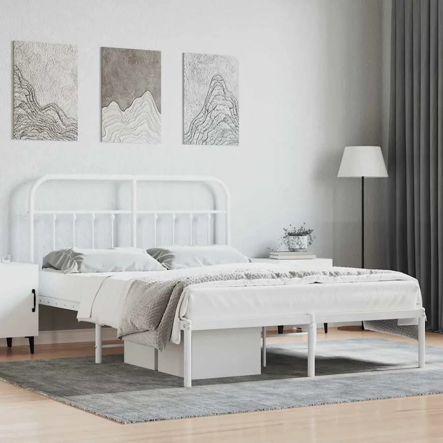 Cadre de lit métal sans matelas et tête de lit blanc 140x190 cm