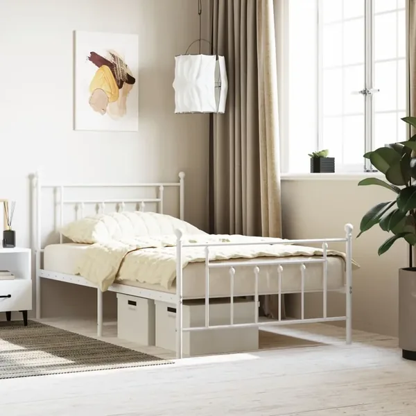 Cadre de lit métal sans matelas et pied de lit blanc 100x200 cm