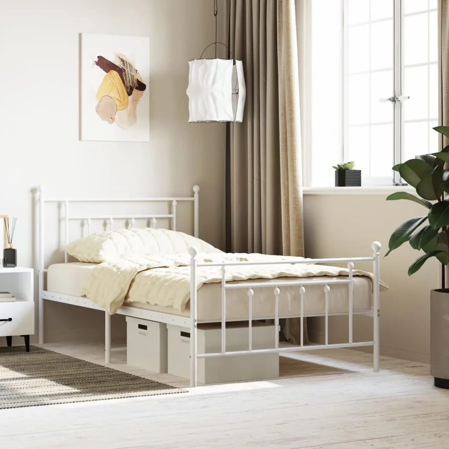 Cadre de lit métal sans matelas et pied de lit blanc 107x203 cm