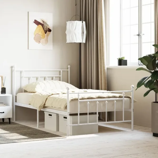 Cadre de lit métal sans matelas et pied de lit blanc 107x203 cm