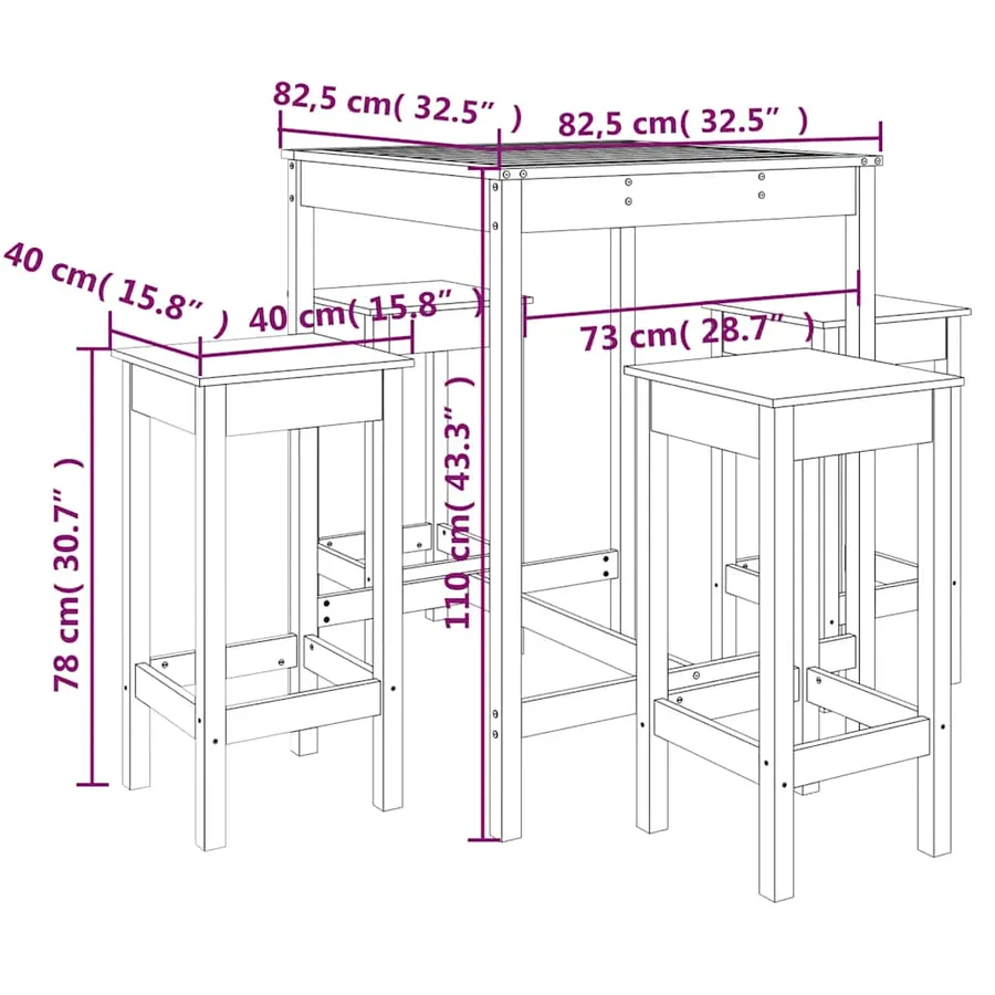 Ensemble de bar de jardin 5 pcs noir bois de pin massif - 10