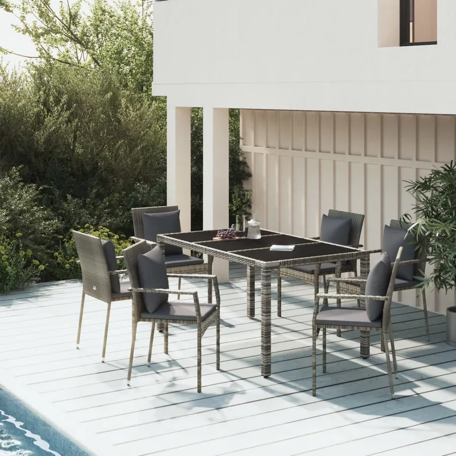 Ensemble à manger jardin et coussins 7 pcs gris rotin