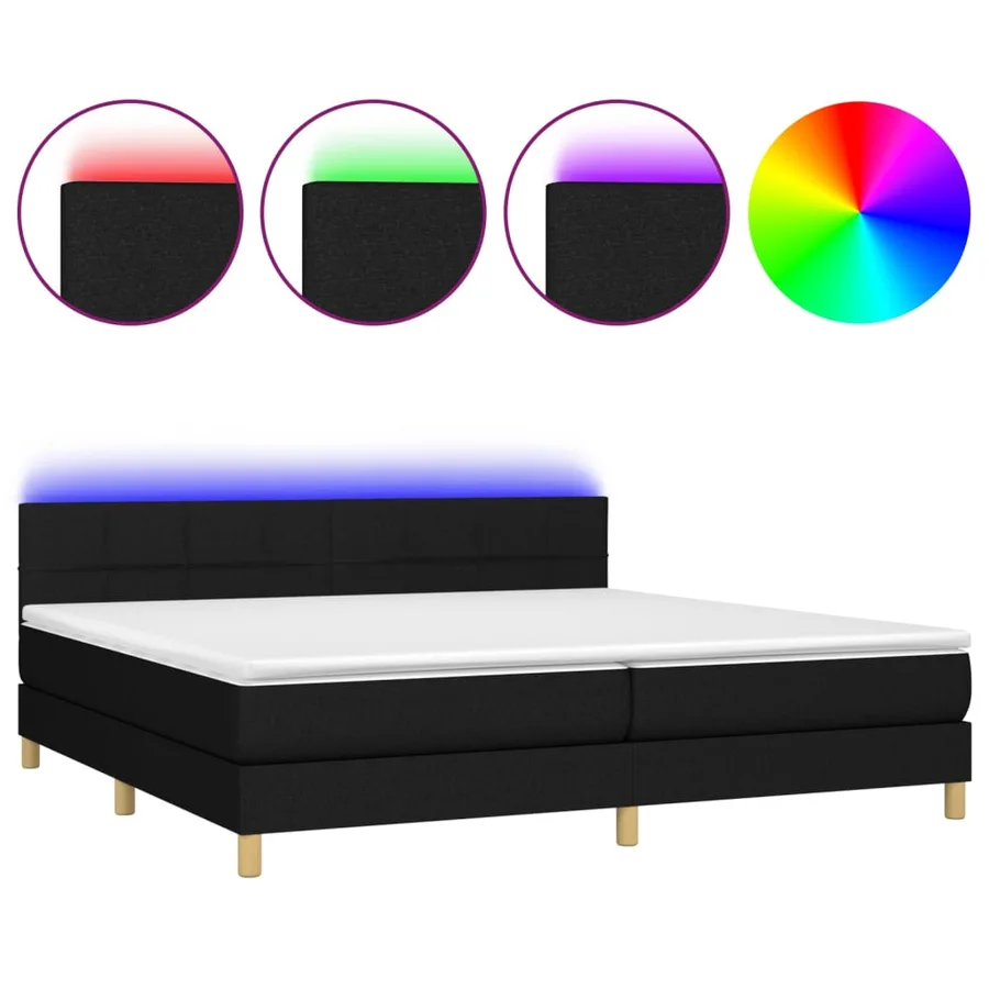 Sommier à lattes de lit et matelas et LED Noir 200x200 cm Tissu - 2