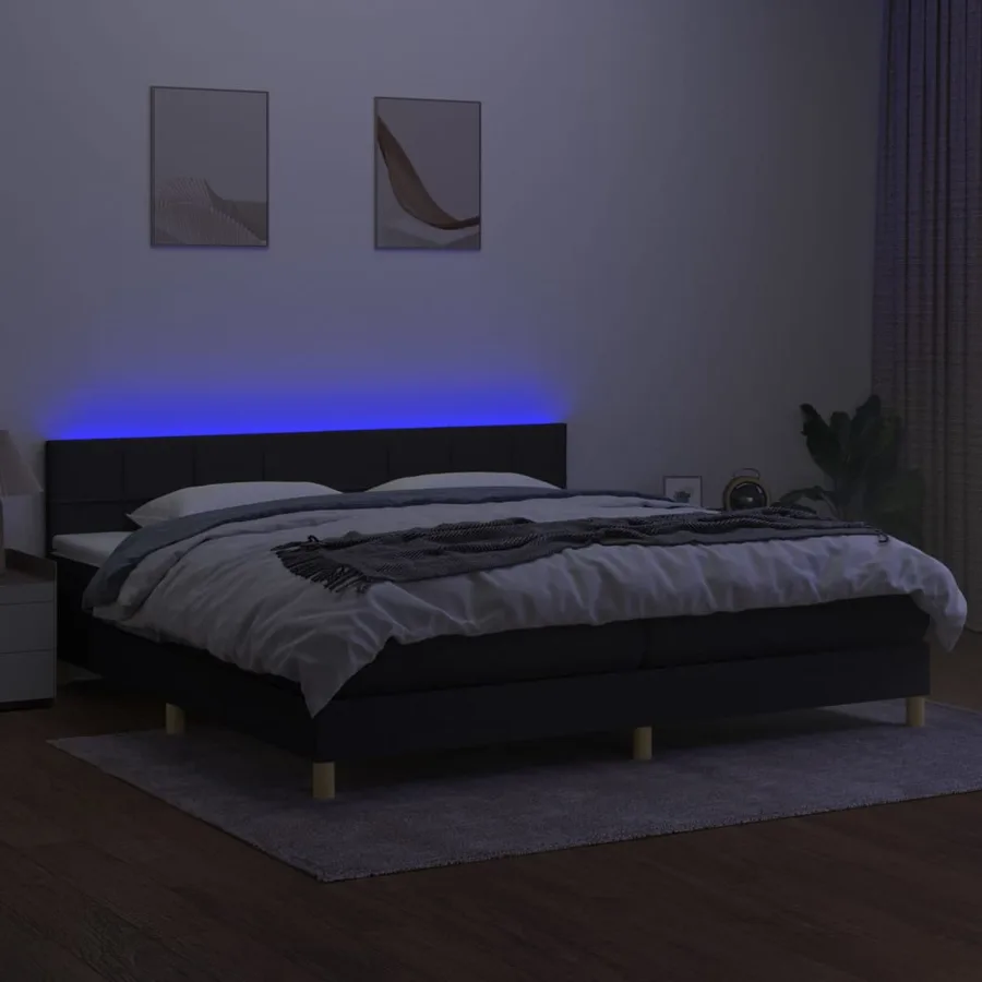 Sommier à lattes de lit et matelas et LED Noir 200x200 cm Tissu - 4