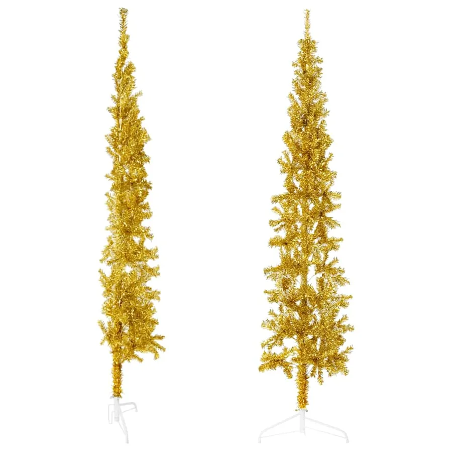 Demi sapin de Noël artificiel mince avec support Doré 210 cm - 2