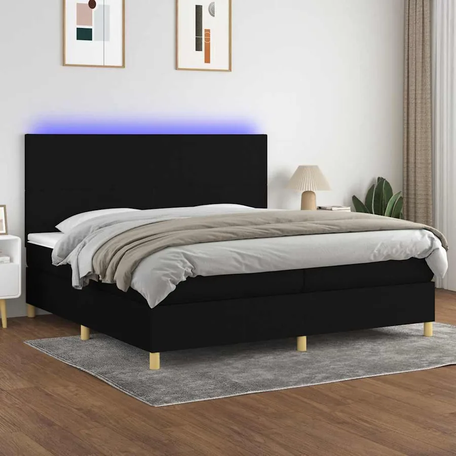 Sommier à lattes de lit et matelas et LED Noir 200x200 cm Tissu