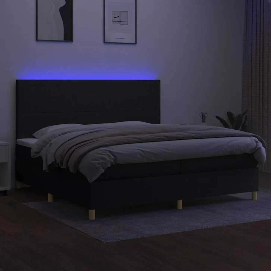 Sommier à lattes de lit et matelas et LED Noir 200x200 cm Tissu - 4