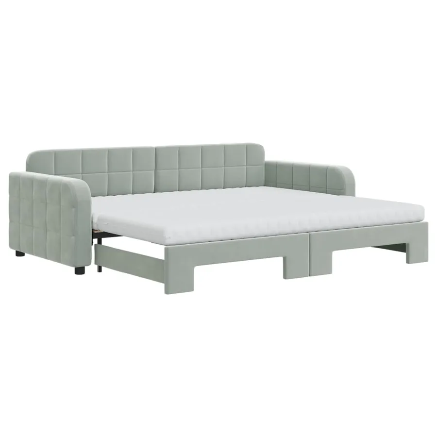 Lit de jour avec gigogne et matelas gris clair 90x200cm velours - 2
