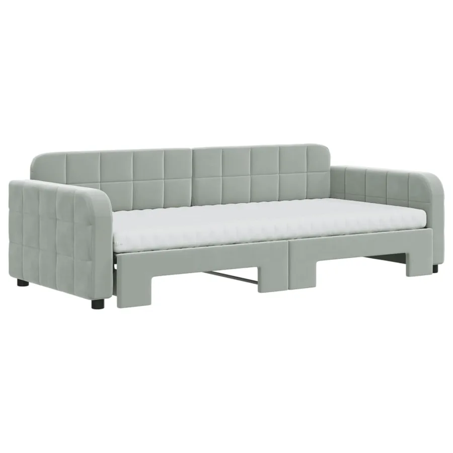 Lit de jour avec gigogne et matelas gris clair 90x200cm velours - 3