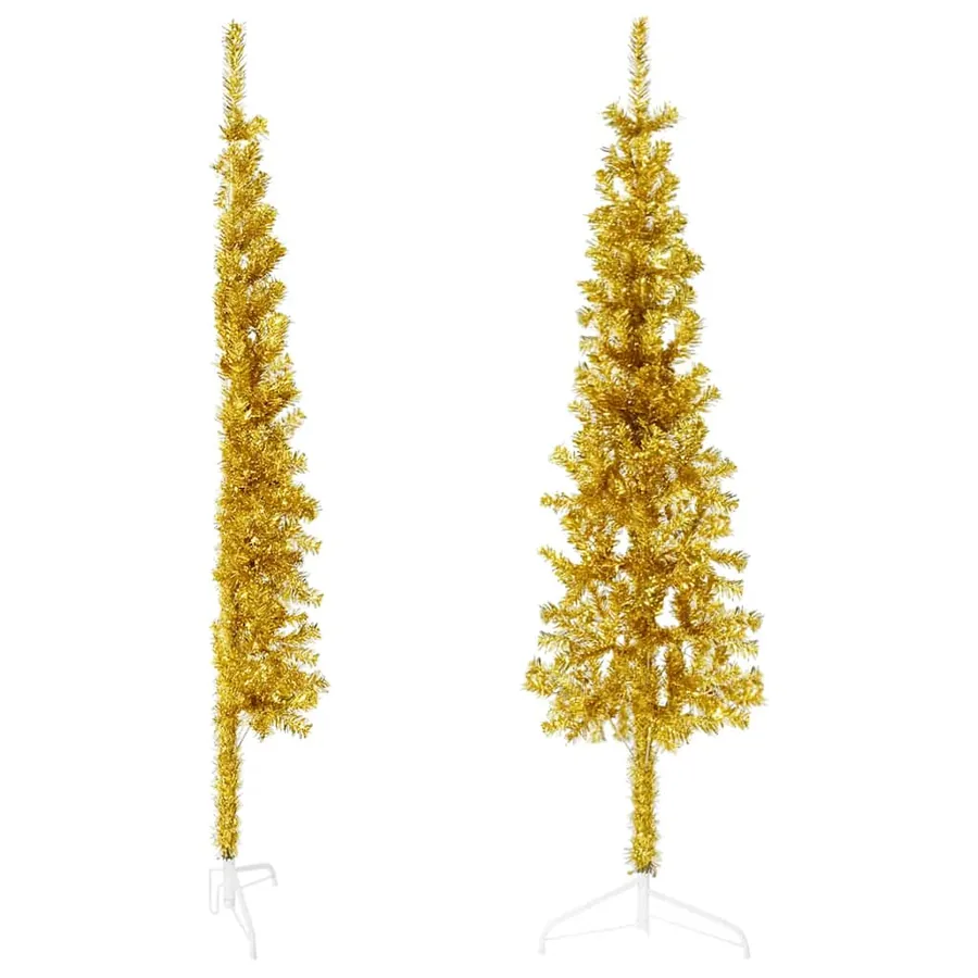Demi sapin de Noël artificiel mince avec support Doré 150 cm - 3