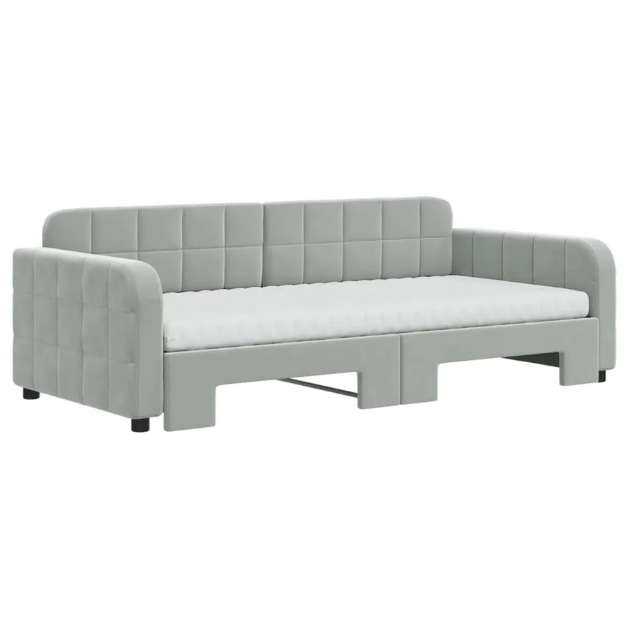 Lit de jour avec gigogne et matelas gris clair 90x190cm velours - 3