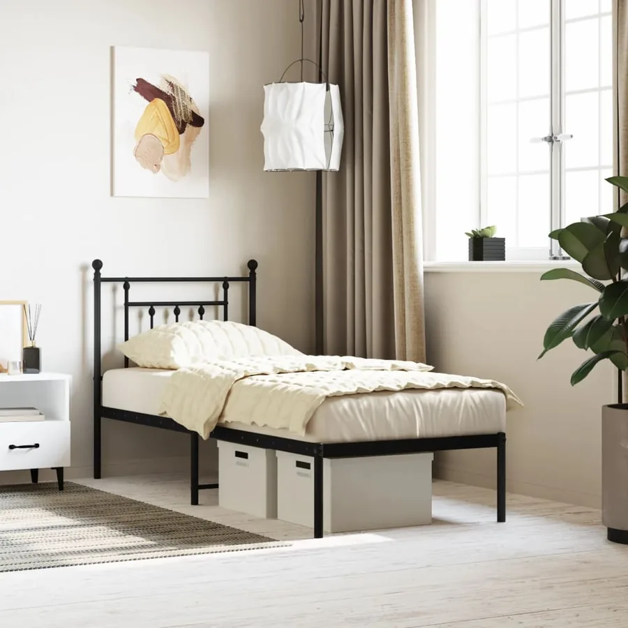Cadre de lit métal sans matelas avec tête de lit noir 75x190 cm