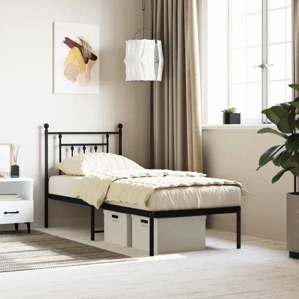 Cadre de lit métal sans matelas avec tête de lit noir 75x190 cm