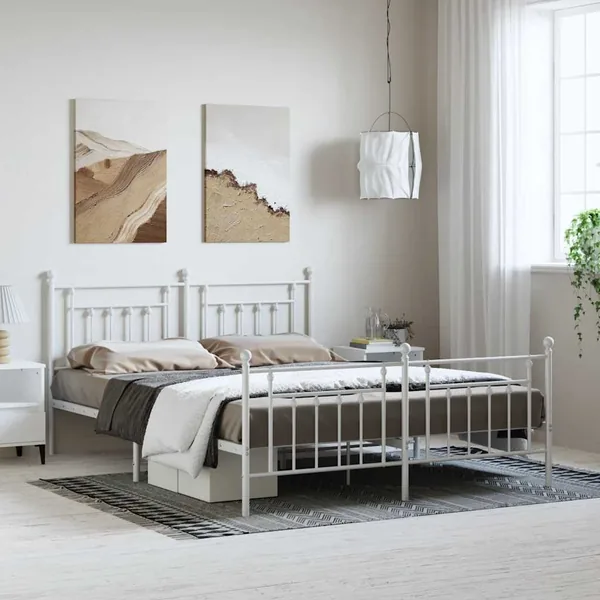Cadre de lit métal sans matelas et pied de lit blanc 183x213 cm