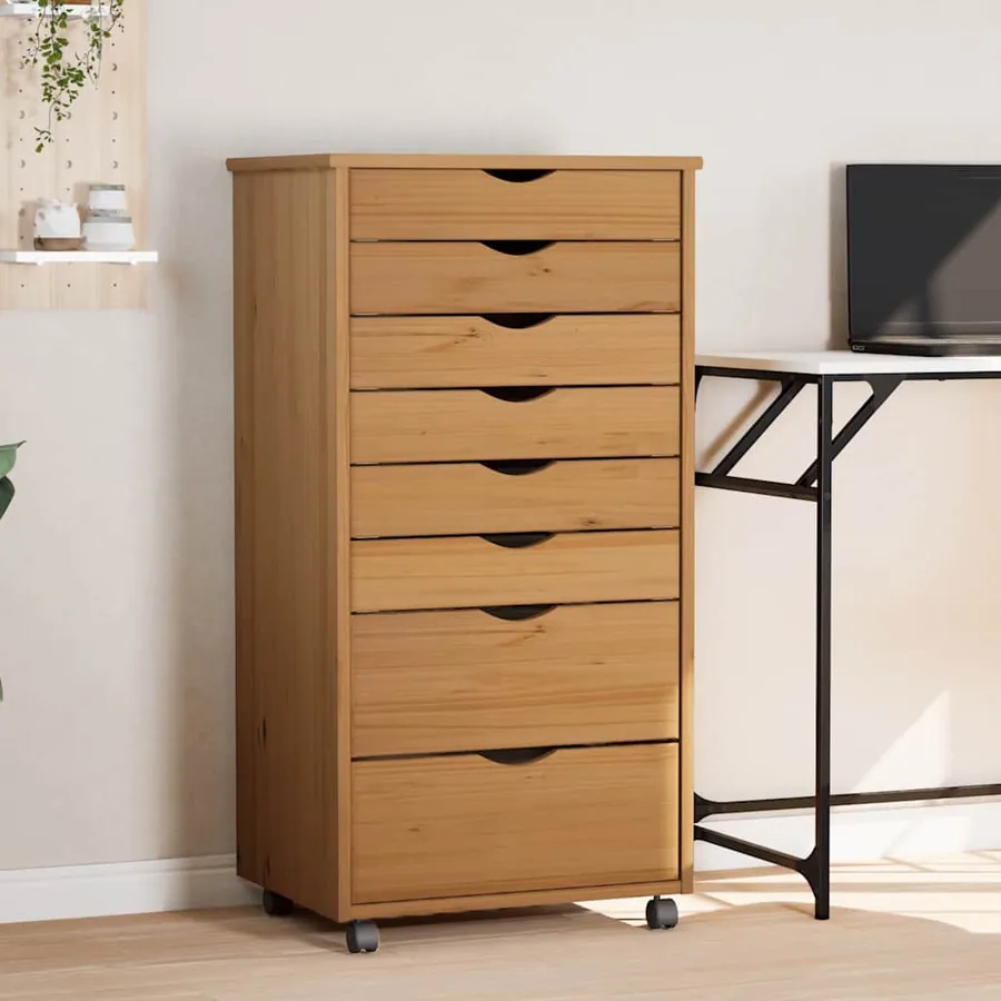 Armoire roulante avec tiroirs MOSS bois de pin marron miel