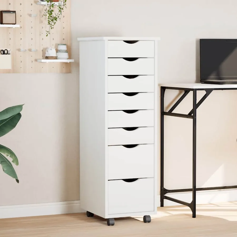 Armoire roulante avec tiroirs MOSS blanc bois de pin solide
